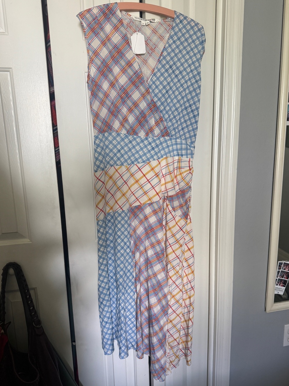 Veronica Beard Blue and Multicolor Plaid Patchwork Midi Dress